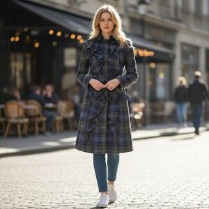 L.A.M.B. Gwen Stefani Fall 2009 Plaid Lambswool Ruffle Trench Coat Blue Grey 4